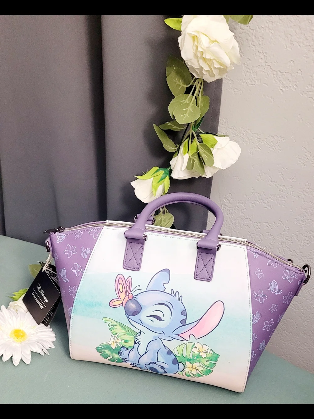 Disney Purple Stitch Floral Print Tote Bag with Pastel Front Art